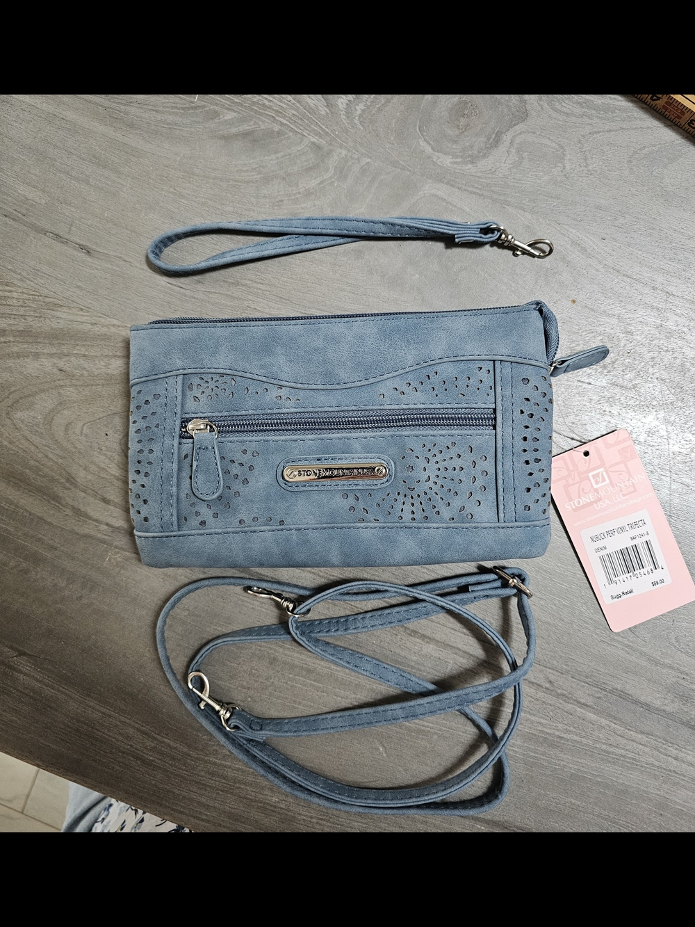 Stone Mountain Accessories Dusty Blue Perforated Faux-Suede Crossbdy - Picture 2 of 12